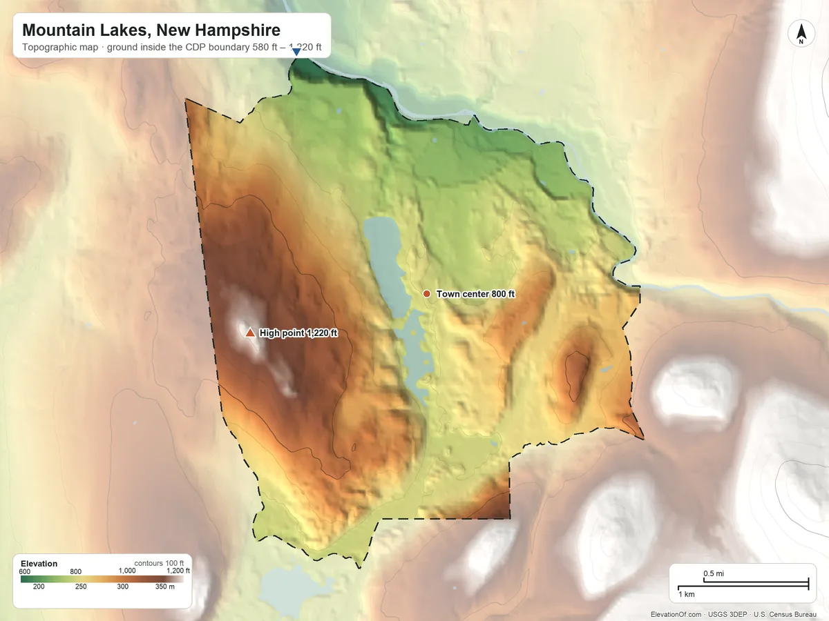 Topographic elevation map of Mountain Lakes, New Hampshire, shaded from 580 ft on the northwest side to 1,220 ft on the west side