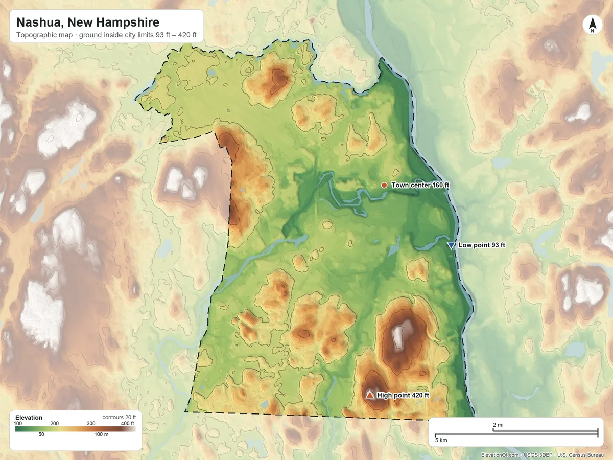 Topographic elevation map of Nashua, New Hampshire, shaded from 93 ft on the southeast side to 420 ft on Gilboa Hill