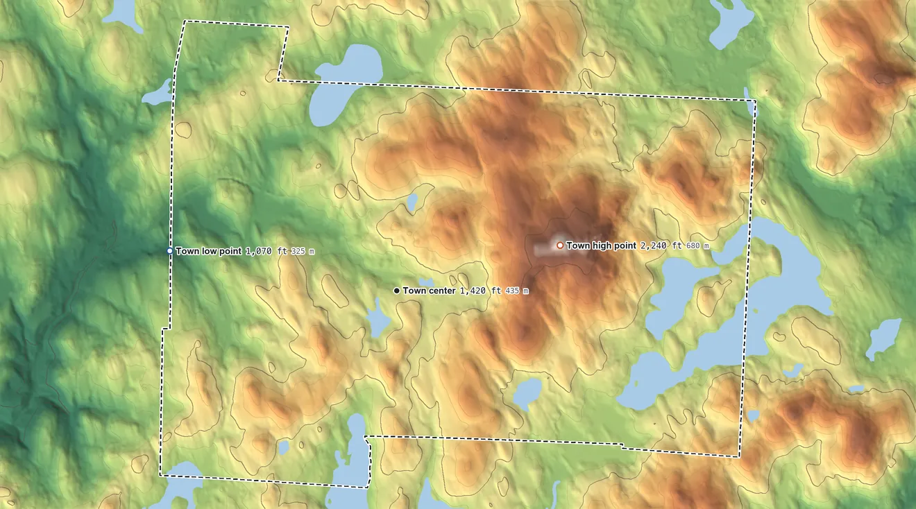 Topographic elevation map of Nelson, New Hampshire, shaded from 1,070 ft on the west side to 2,240 ft on Osgood Hill