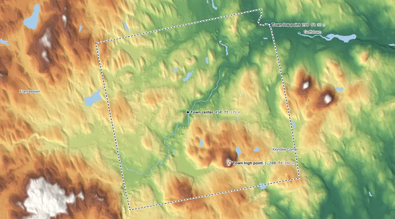 Topographic elevation map of New Boston, New Hampshire, shaded from 290 ft on the northeast side to 1,280 ft on Joe English Hill