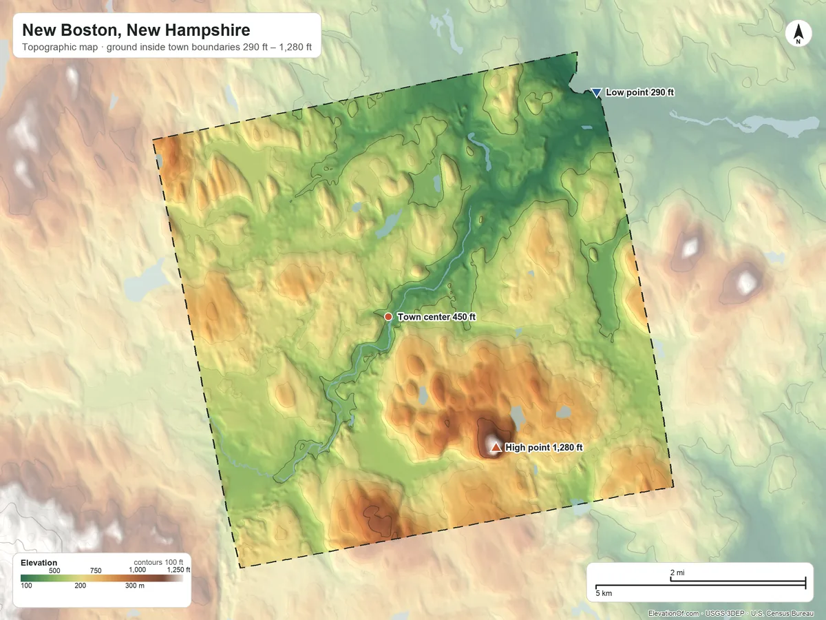 Topographic elevation map of New Boston, New Hampshire, shaded from 290 ft on the northeast side to 1,280 ft on Joe English Hill