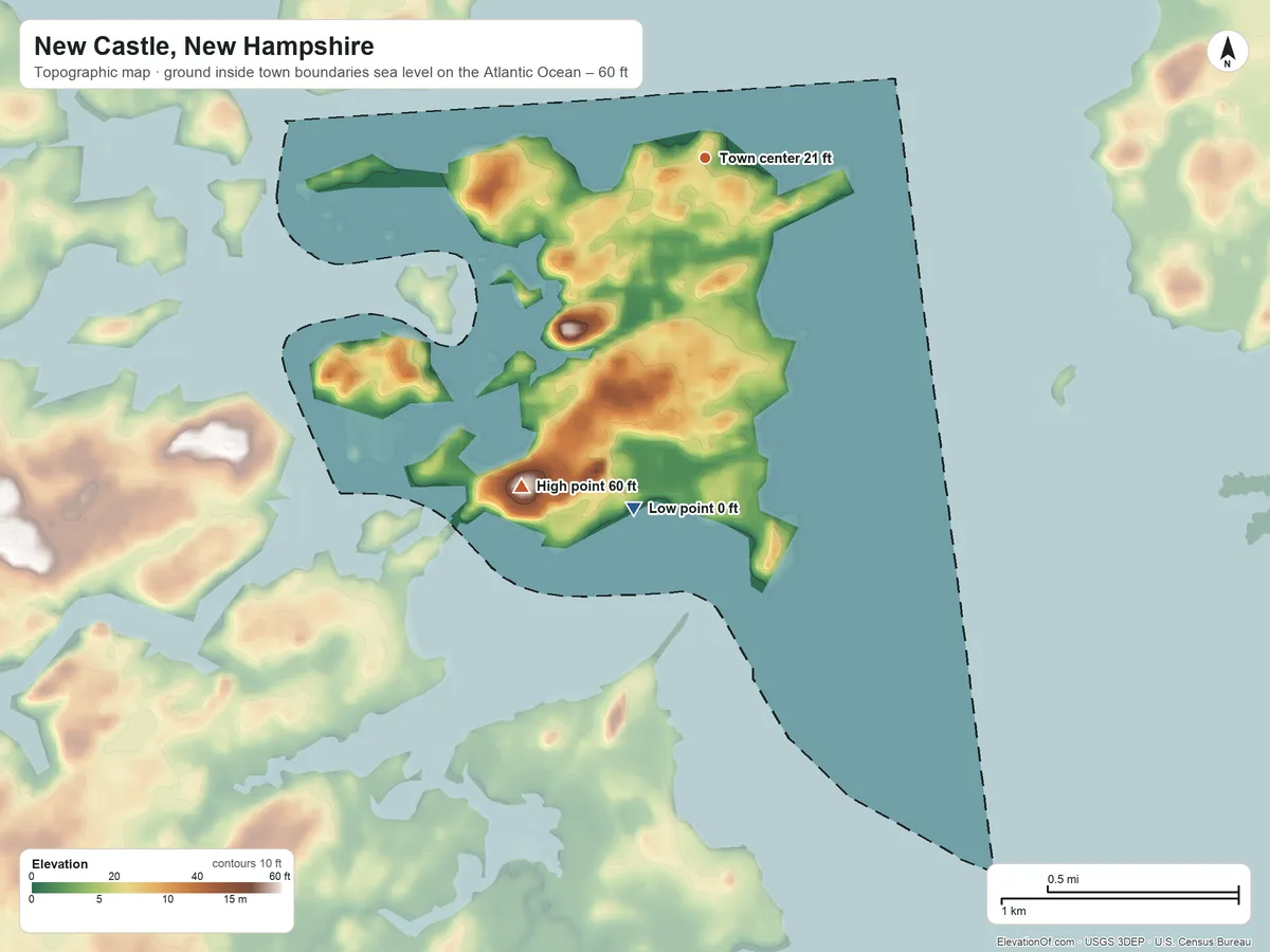 Topographic elevation map of New Castle, New Hampshire, shaded from sea level level on the Atlantic Ocean to 60 ft on the southwest side