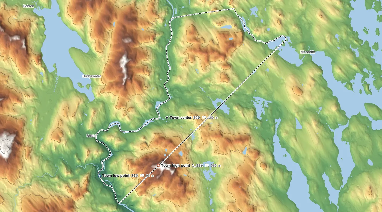 Topographic elevation map of New Hampton, New Hampshire, shaded from 310 ft on the southwest side to 1,830 ft on the south side