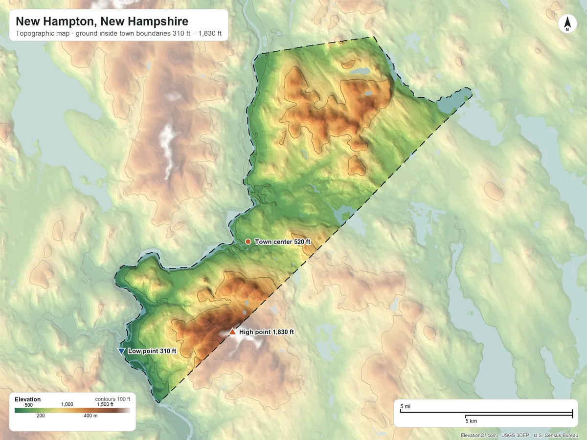 Topographic elevation map of New Hampton, New Hampshire, shaded from 310 ft on the southwest side to 1,830 ft on the south side