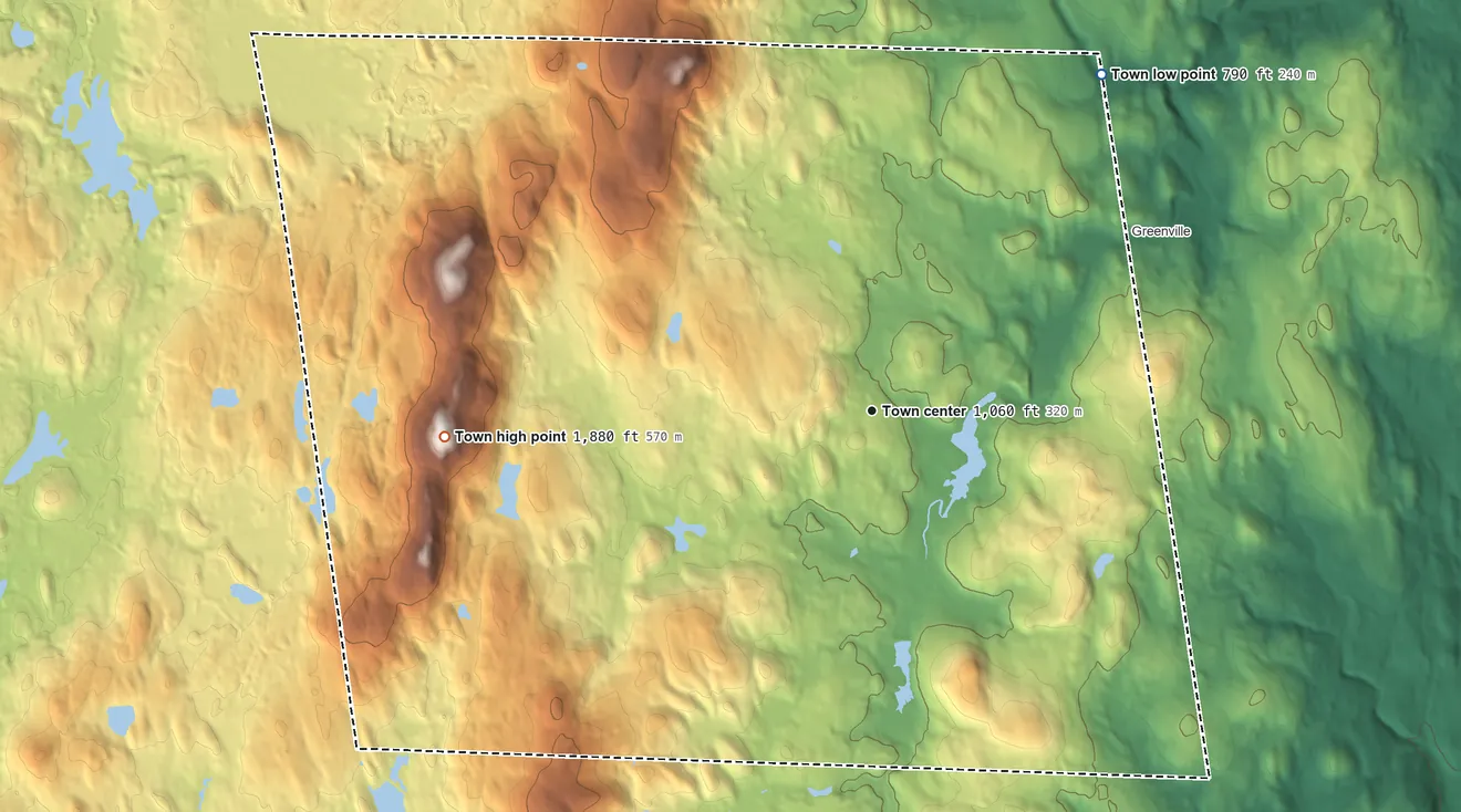 Topographic elevation map of New Ipswich, New Hampshire, shaded from 790 ft on the northeast side to 1,880 ft on New Ipswich Mountain