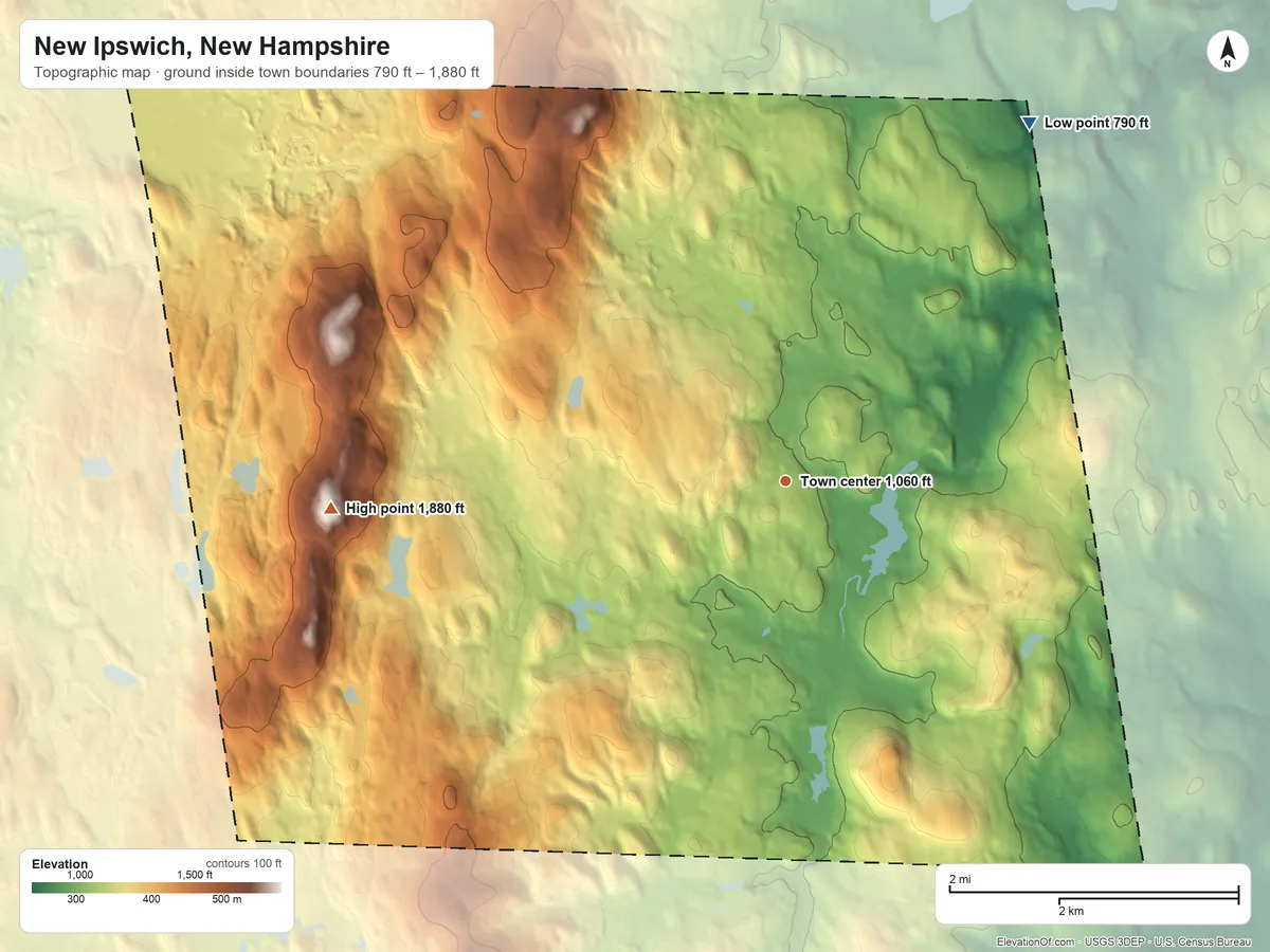 Topographic elevation map of New Ipswich, New Hampshire, shaded from 790 ft on the northeast side to 1,880 ft on New Ipswich Mountain