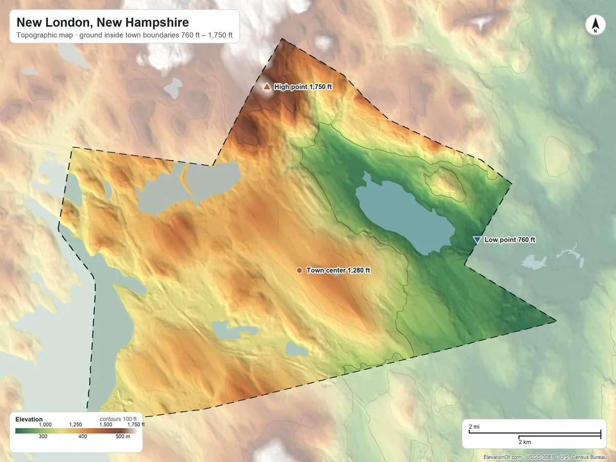 Topographic elevation map of New London, New Hampshire, shaded from 760 ft on the east side to 1,750 ft on Morgan Hill