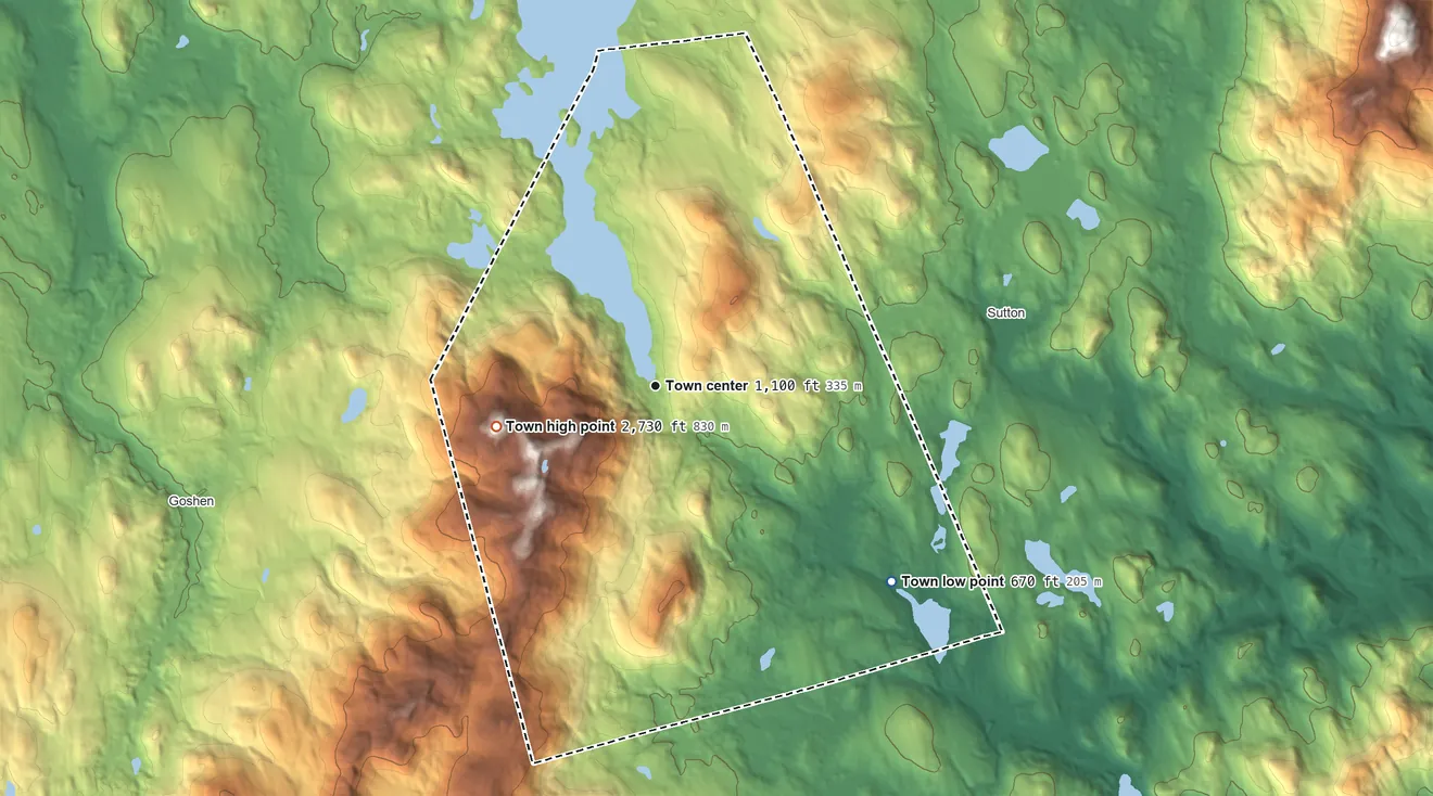 Topographic elevation map of Newbury, New Hampshire, shaded from 670 ft on the southeast side to 2,730 ft on Summit