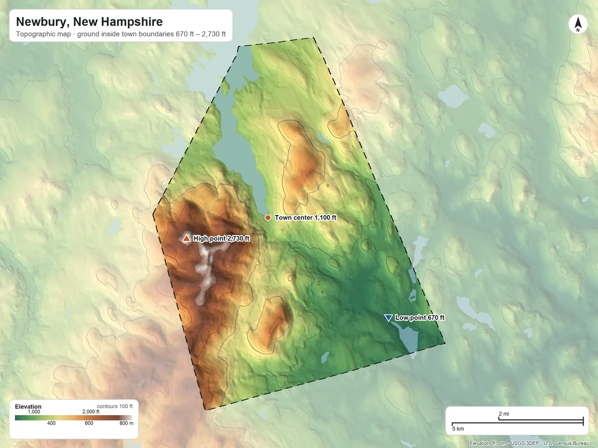 Topographic elevation map of Newbury, New Hampshire, shaded from 670 ft on the southeast side to 2,730 ft on Summit