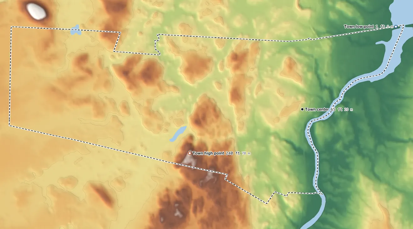 Topographic elevation map of Newfields, New Hampshire, shaded from 1 ft on the northeast side to 240 ft on Oakland Hill