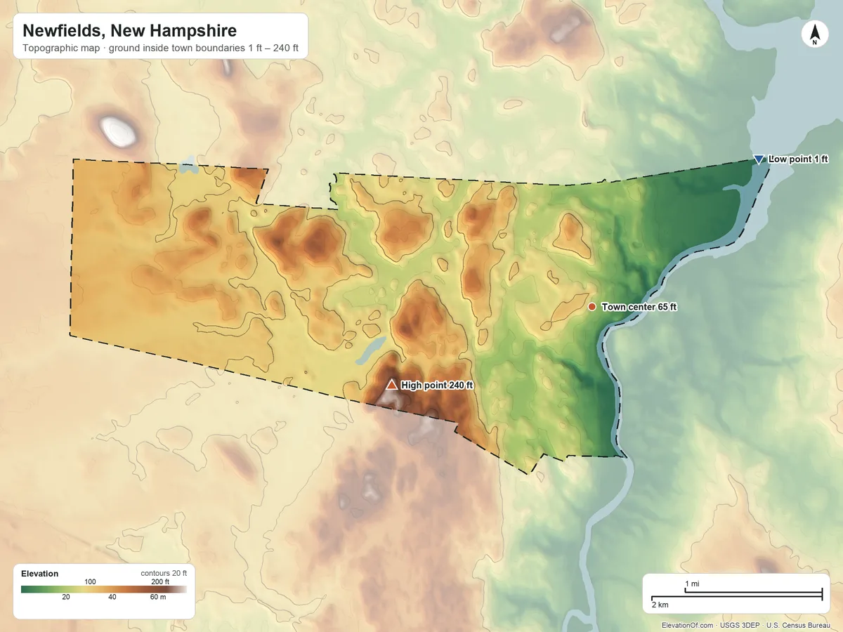 Topographic elevation map of Newfields, New Hampshire, shaded from 1 ft on the northeast side to 240 ft on Oakland Hill