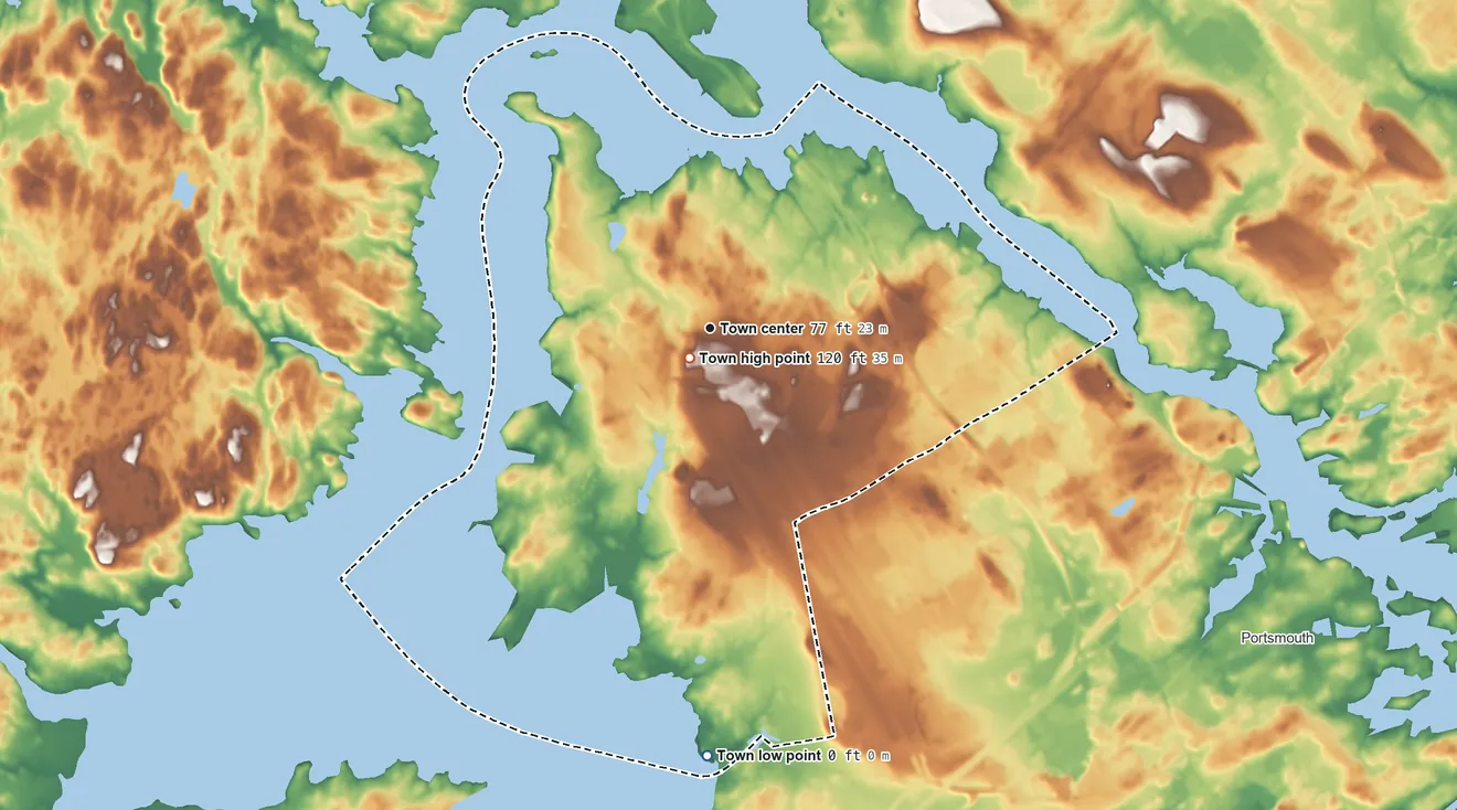 Topographic elevation map of Newington, New Hampshire, shaded from 0 ft on the south side to 120 ft near the middle