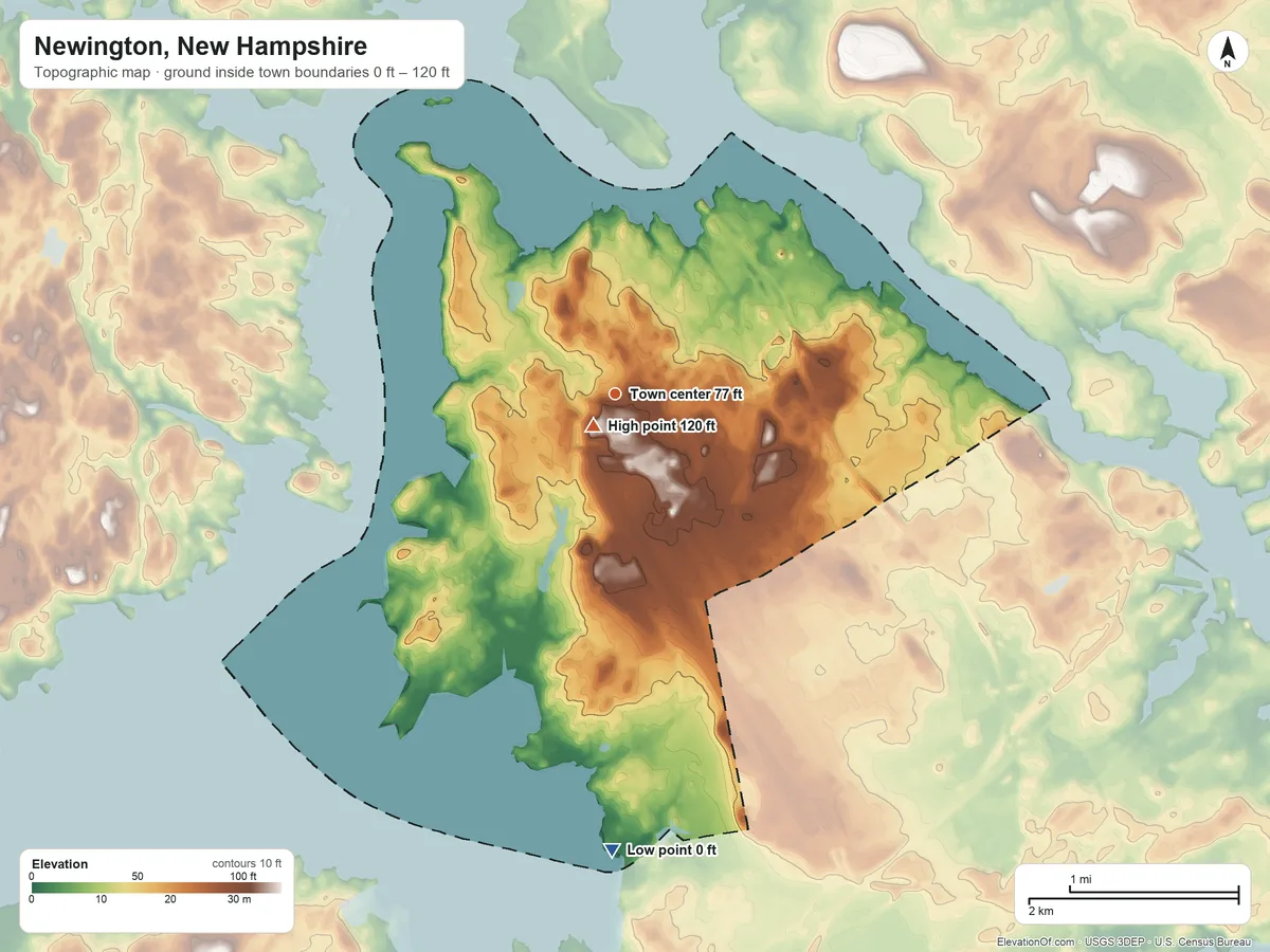 Topographic elevation map of Newington, New Hampshire, shaded from 0 ft on the south side to 120 ft near the middle