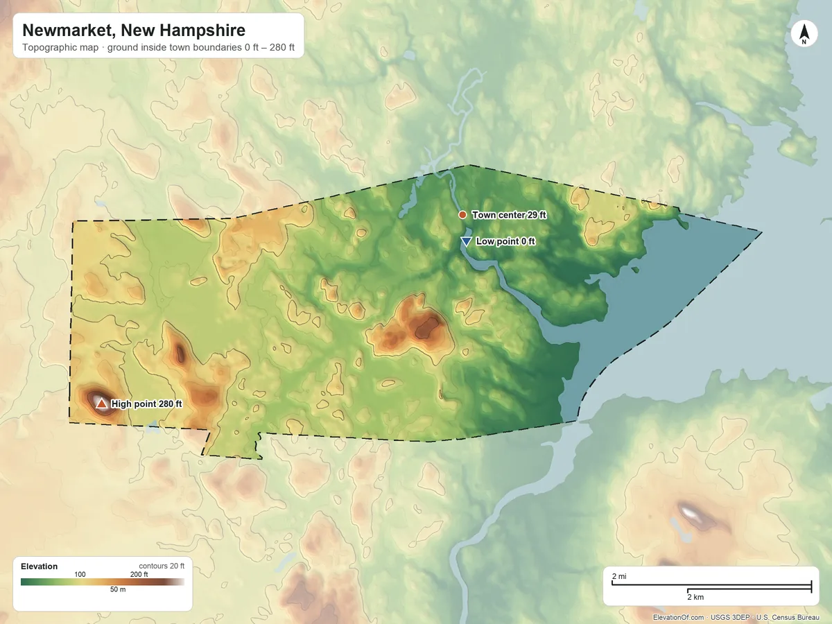 Topographic elevation map of Newmarket, New Hampshire, shaded from 0 ft near the middle to 280 ft on Bald Hill