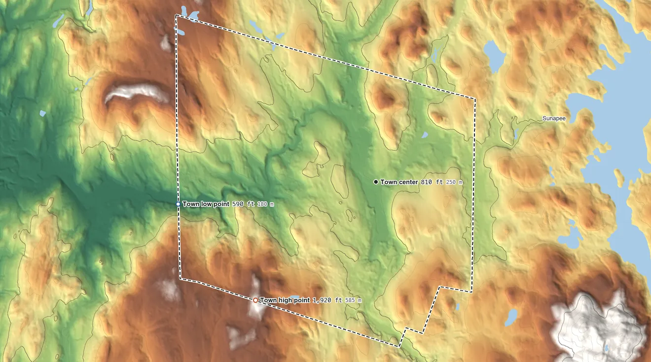 Topographic elevation map of Newport, New Hampshire, shaded from 590 ft on the west side to 1,920 ft on the southwest side
