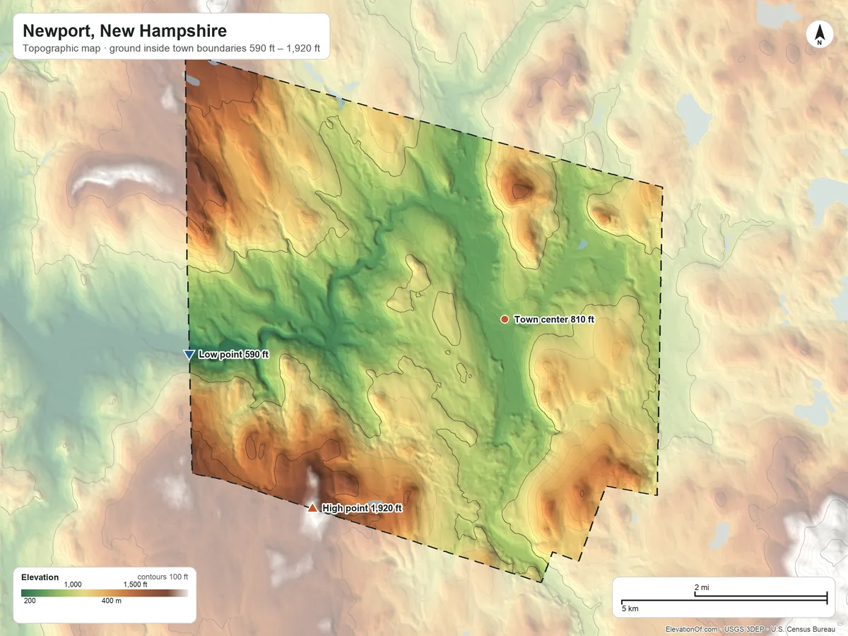 Topographic elevation map of Newport, New Hampshire, shaded from 590 ft on the west side to 1,920 ft on the southwest side