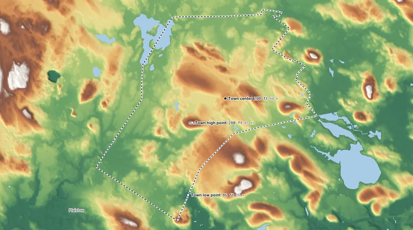 Topographic elevation map of Newton, New Hampshire, shaded from 86 ft on the south side to 280 ft on Sargent Hill