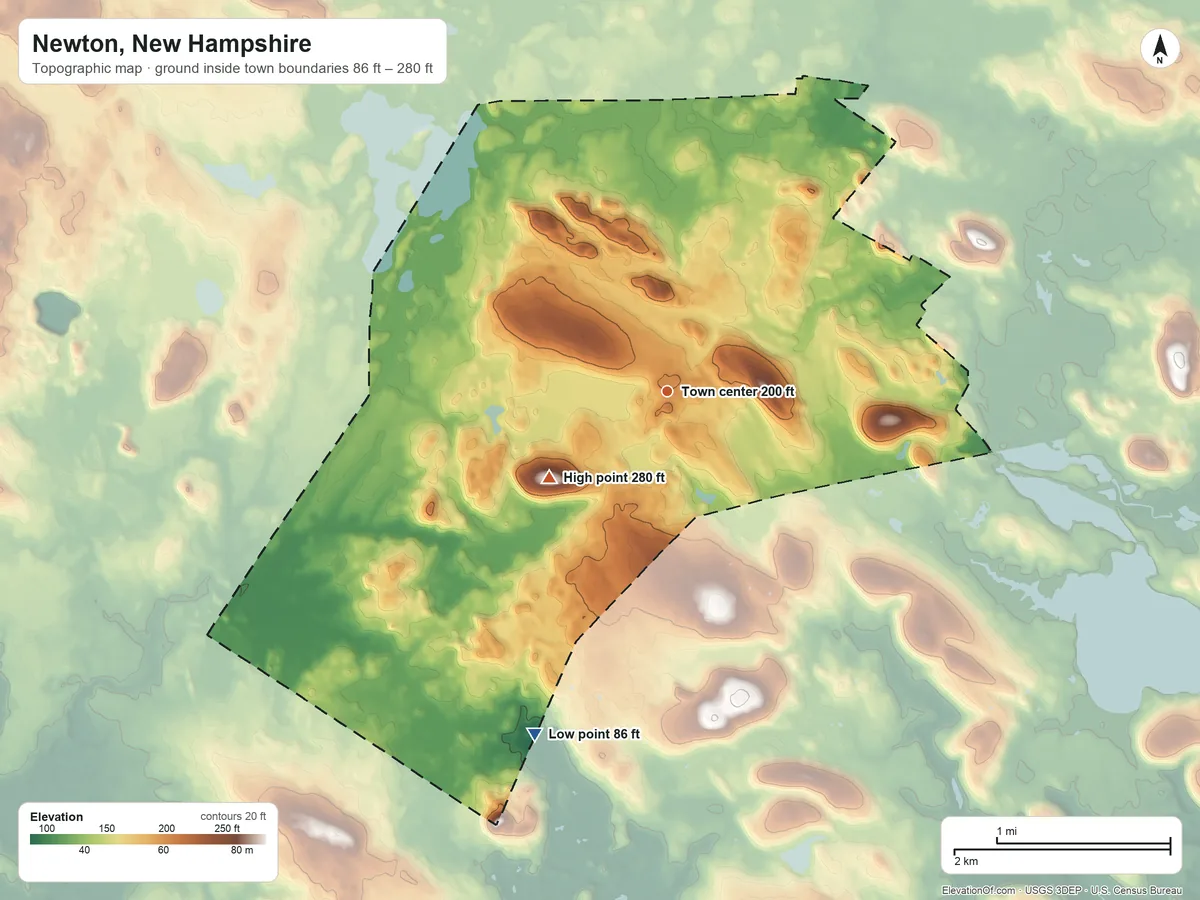 Topographic elevation map of Newton, New Hampshire, shaded from 86 ft on the south side to 280 ft on Sargent Hill
