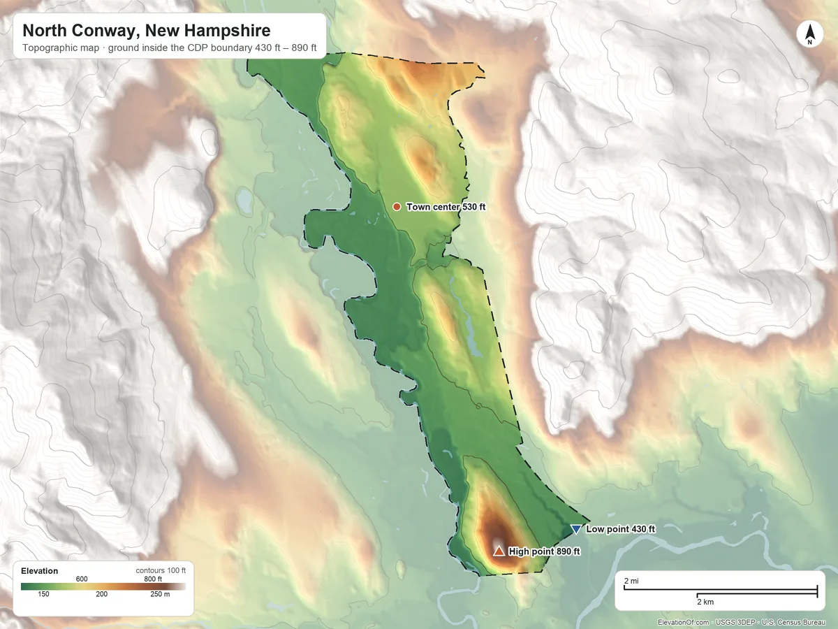 Topographic elevation map of North Conway, New Hampshire, shaded from 430 ft on the southeast side to 890 ft on Pine Hill