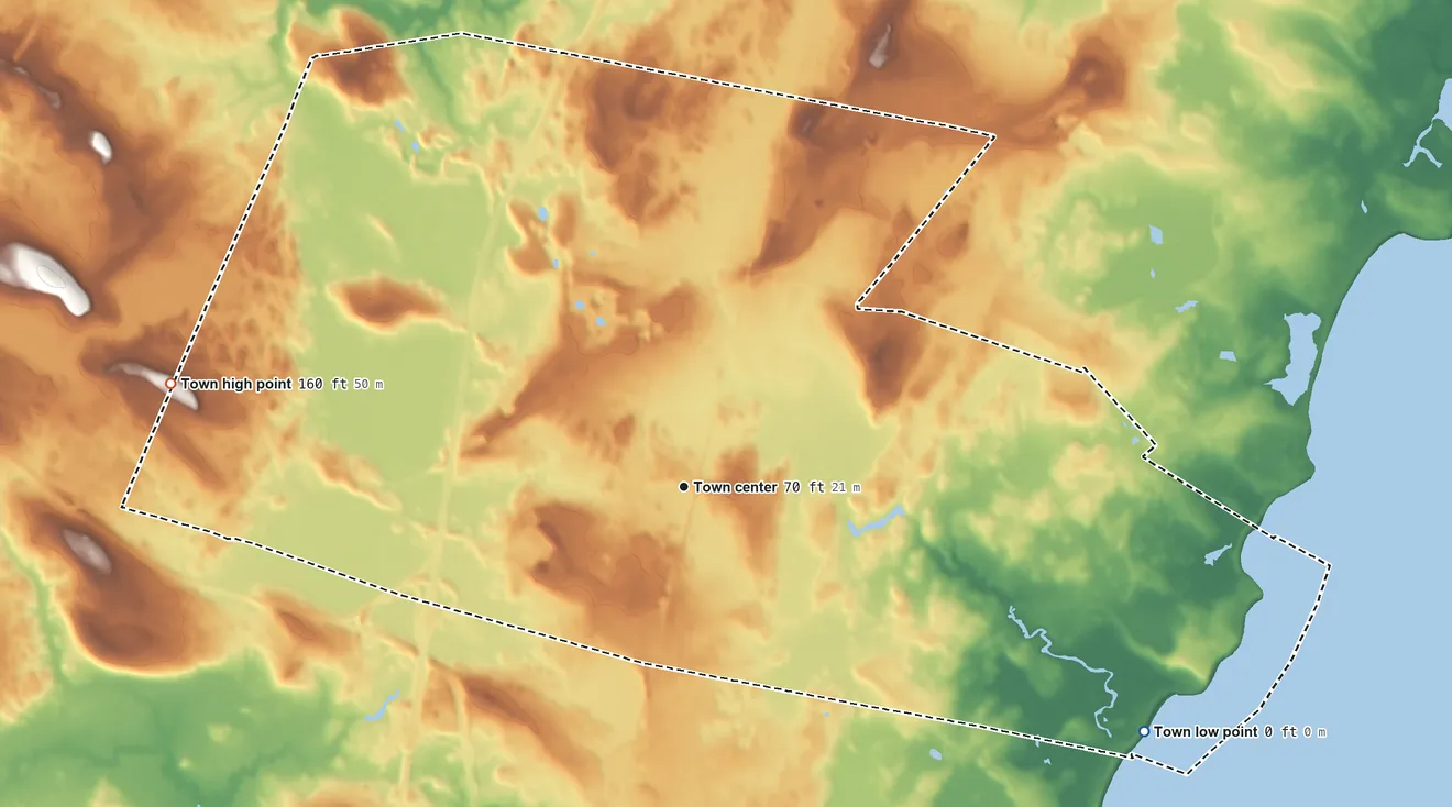 Topographic elevation map of North Hampton, New Hampshire, shaded from sea level level on the Atlantic Ocean to 160 ft on Pine Hill