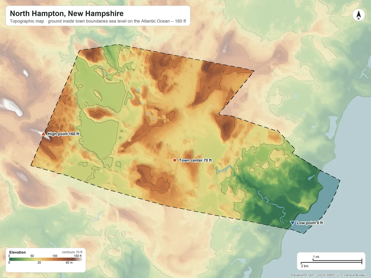 Topographic elevation map of North Hampton, New Hampshire, shaded from sea level level on the Atlantic Ocean to 160 ft on Pine Hill
