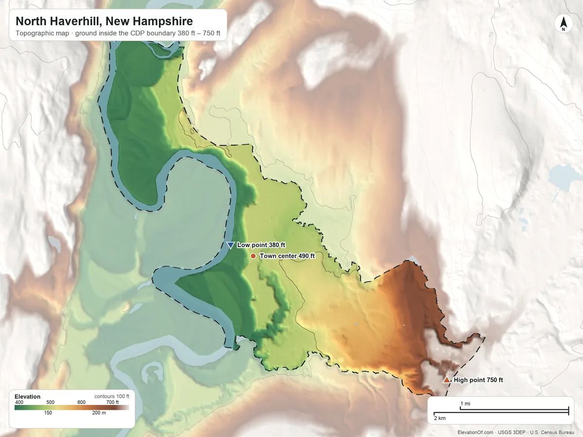 Topographic elevation map of North Haverhill, New Hampshire, shaded from 380 ft near the middle to 750 ft on the southeast edge, below higher ground just outside