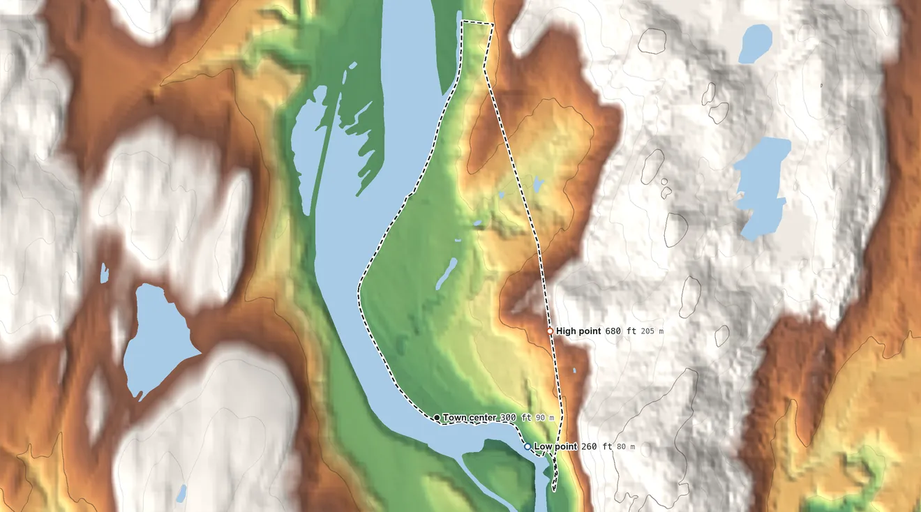 Topographic elevation map of North Walpole, New Hampshire, shaded from 260 ft on the east side to 680 ft on the northeast edge, below higher ground just outside
