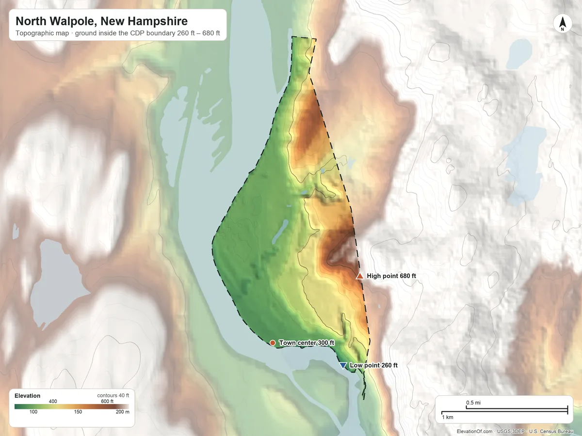 Topographic elevation map of North Walpole, New Hampshire, shaded from 260 ft on the east side to 680 ft on the northeast edge, below higher ground just outside
