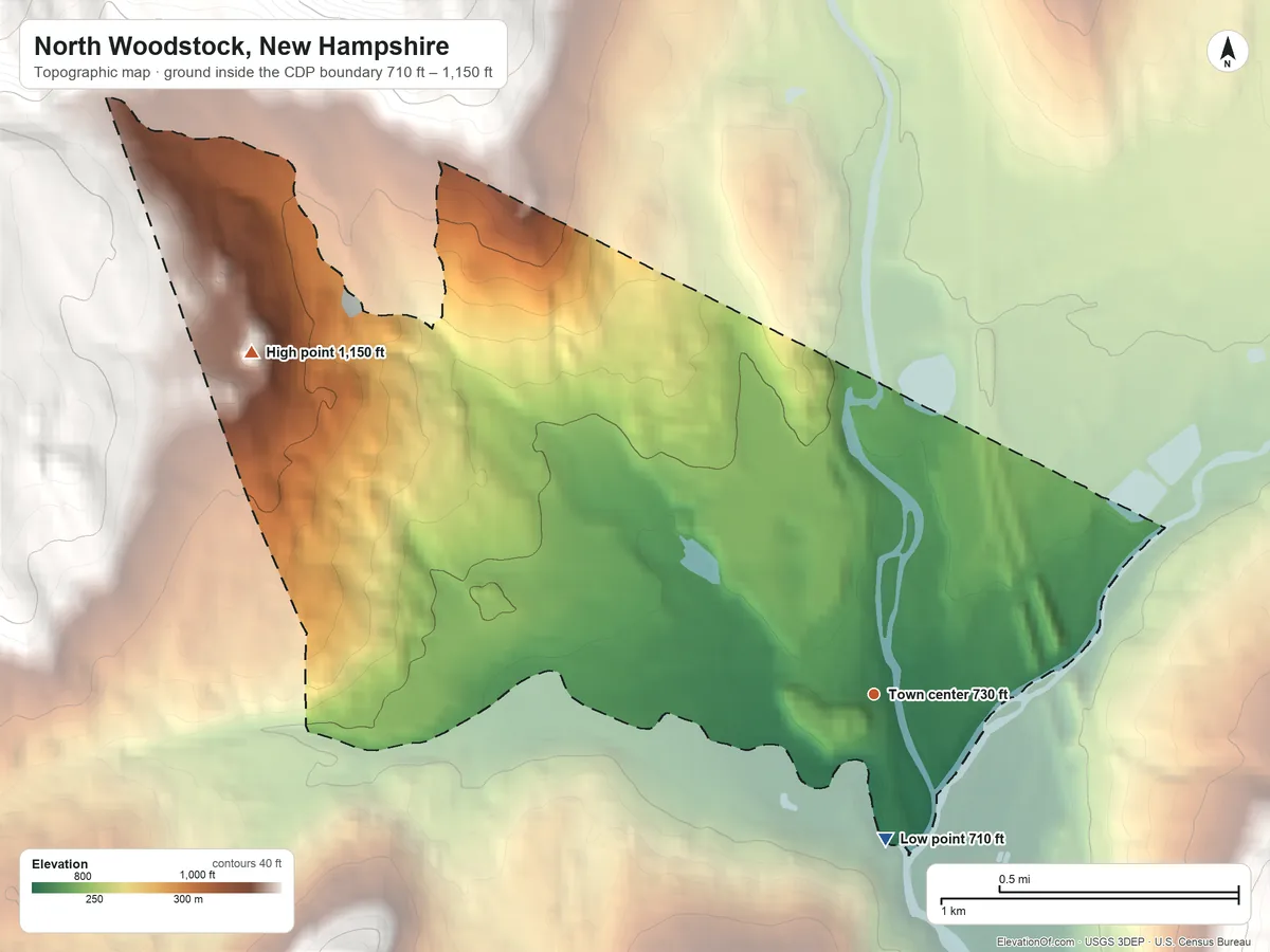 Topographic elevation map of North Woodstock, New Hampshire, shaded from 710 ft on the south side to 1,150 ft at the foot of the Sandwich Range