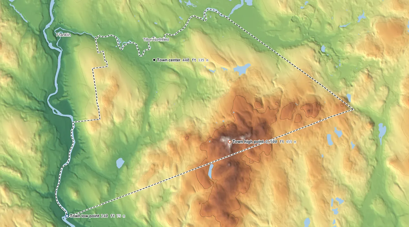 Topographic elevation map of Northfield, New Hampshire, shaded from 240 ft on the southwest side to 1,500 ft on Bean Hill