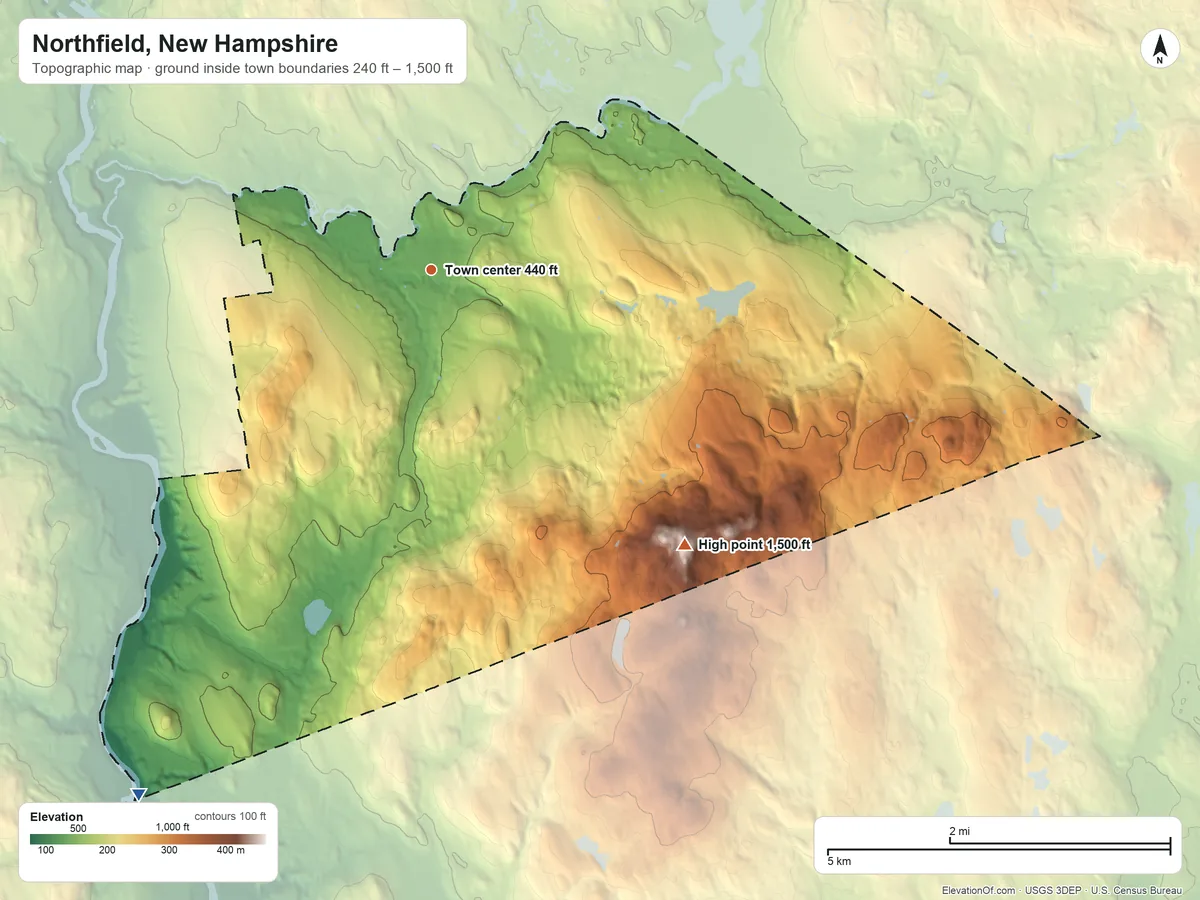 Topographic elevation map of Northfield, New Hampshire, shaded from 240 ft on the southwest side to 1,500 ft on Bean Hill