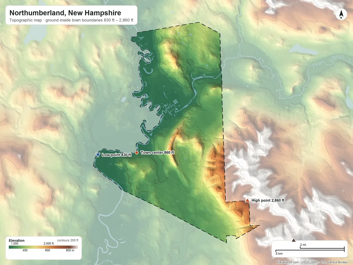 Topographic elevation map of Northumberland, New Hampshire, shaded from 830 ft on the west side to 2,860 ft at the foot of the Pilot Range