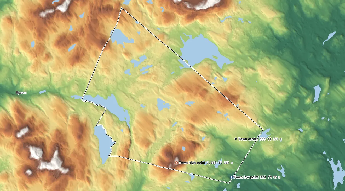 Topographic elevation map of Northwood, New Hampshire, shaded from 320 ft on the south side to 1,160 ft on Saddleback Mountain