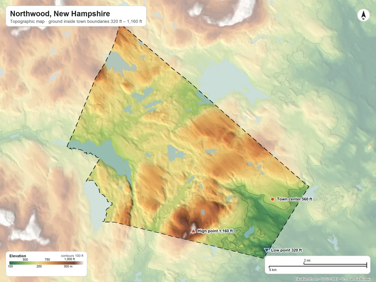 Topographic elevation map of Northwood, New Hampshire, shaded from 320 ft on the south side to 1,160 ft on Saddleback Mountain