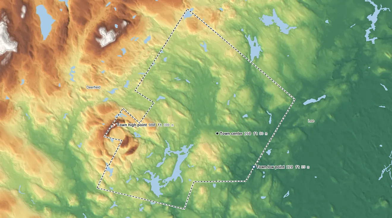 Topographic elevation map of Nottingham, New Hampshire, shaded from 120 ft on the southeast side to 980 ft on Mount Pawtuckaway