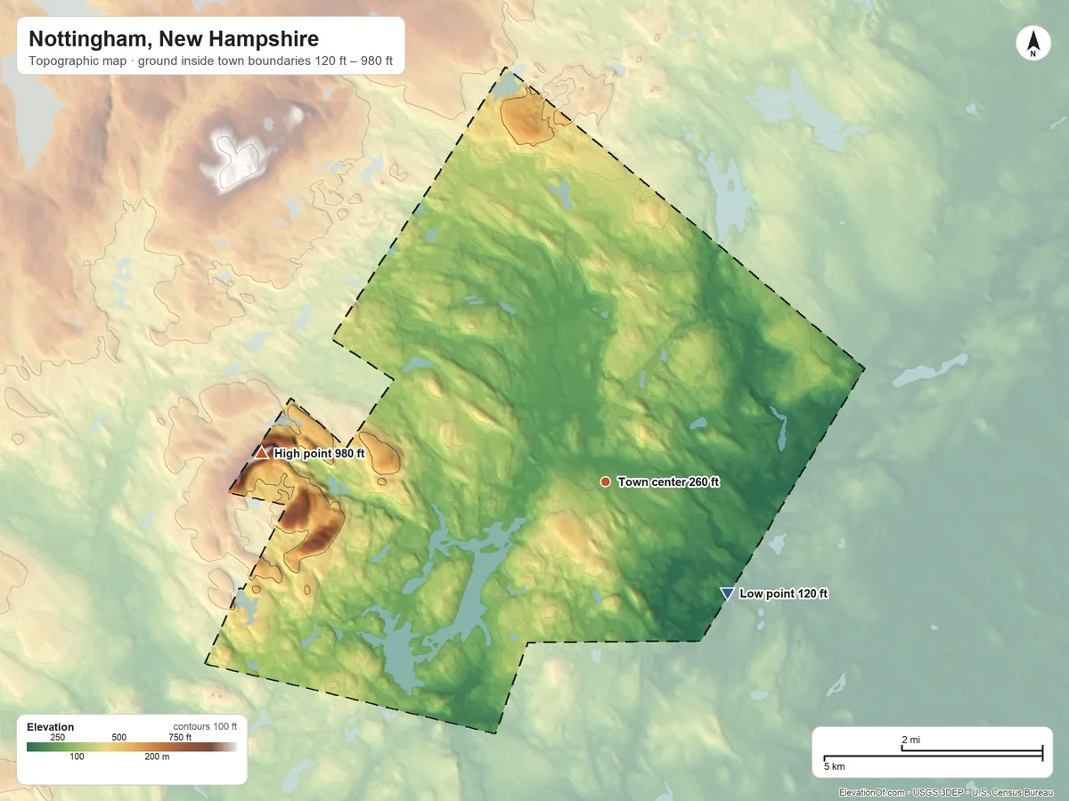 Topographic elevation map of Nottingham, New Hampshire, shaded from 120 ft on the southeast side to 980 ft on Mount Pawtuckaway