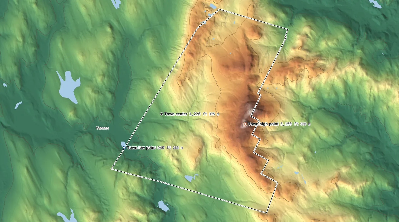 Topographic elevation map of Orange, New Hampshire, shaded from 940 ft on the southwest side to 3,152 ft on Mount Cardigan