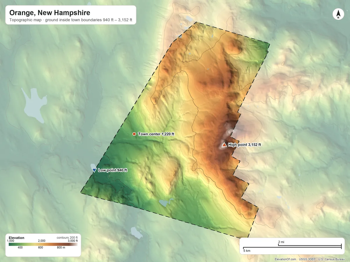 Topographic elevation map of Orange, New Hampshire, shaded from 940 ft on the southwest side to 3,152 ft on Mount Cardigan