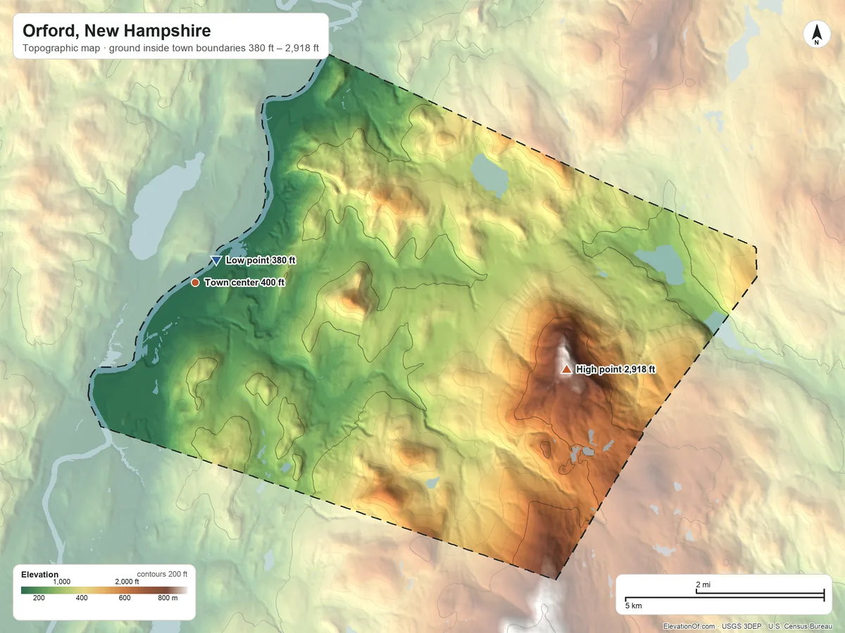 Topographic elevation map of Orford, New Hampshire, shaded from 380 ft near the middle to 2,918 ft on Mount Cube
