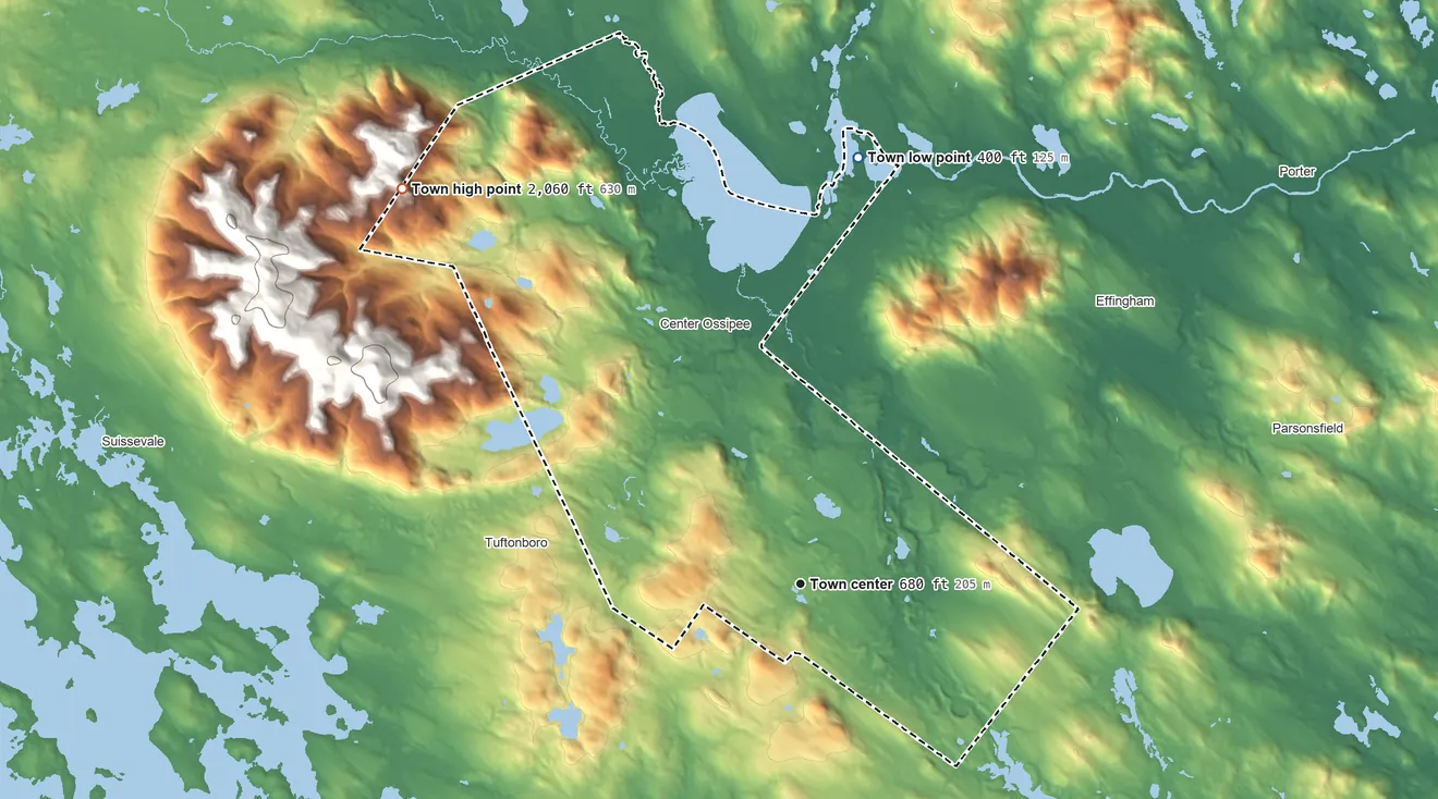 Topographic elevation map of Ossipee, New Hampshire, shaded from 400 ft on the north side to 2,060 ft at the foot of the Ossipee Mountains