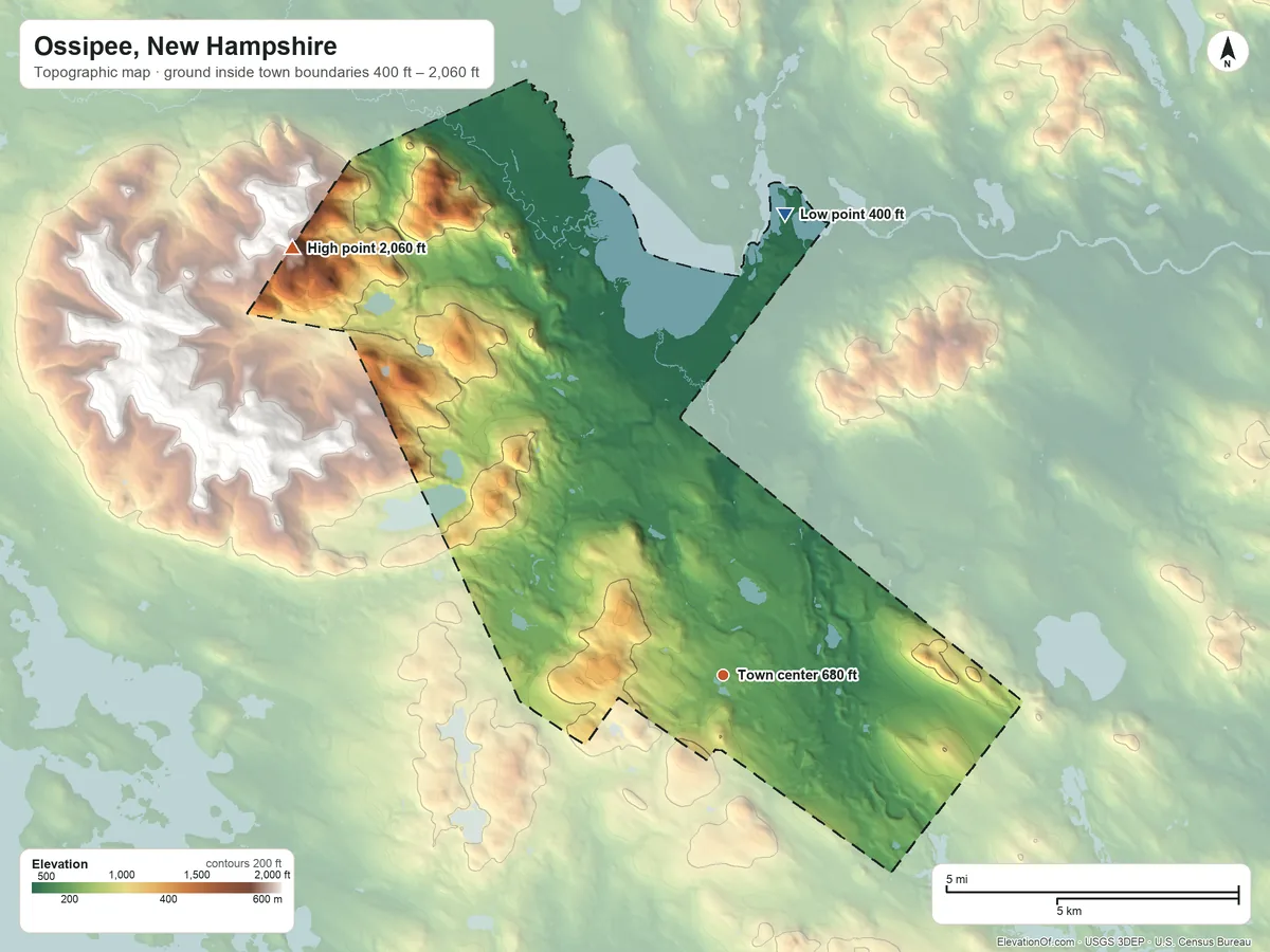 Topographic elevation map of Ossipee, New Hampshire, shaded from 400 ft on the north side to 2,060 ft at the foot of the Ossipee Mountains