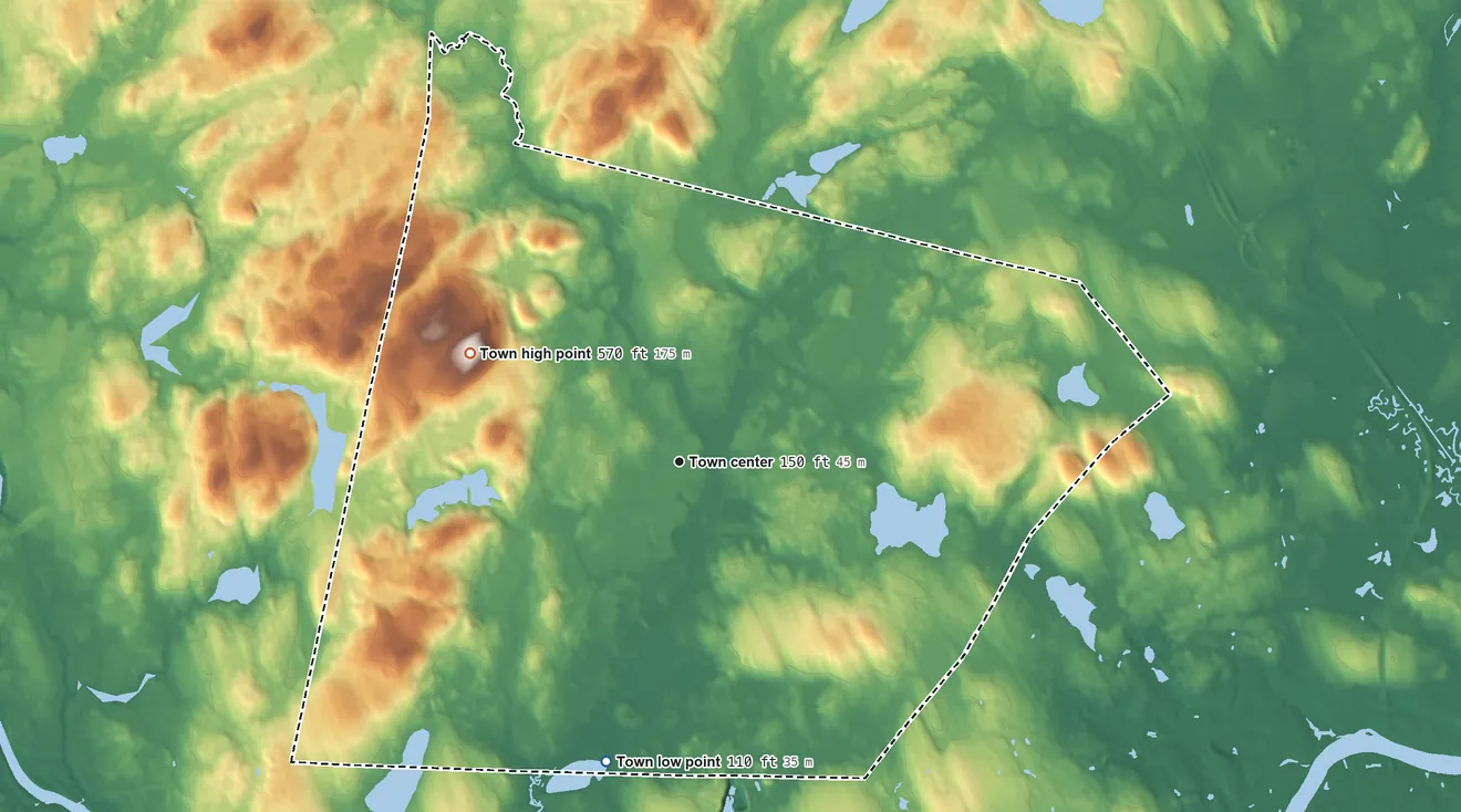 Topographic elevation map of Pelham, New Hampshire, shaded from 110 ft on the south side to 570 ft on Jeremy Hill