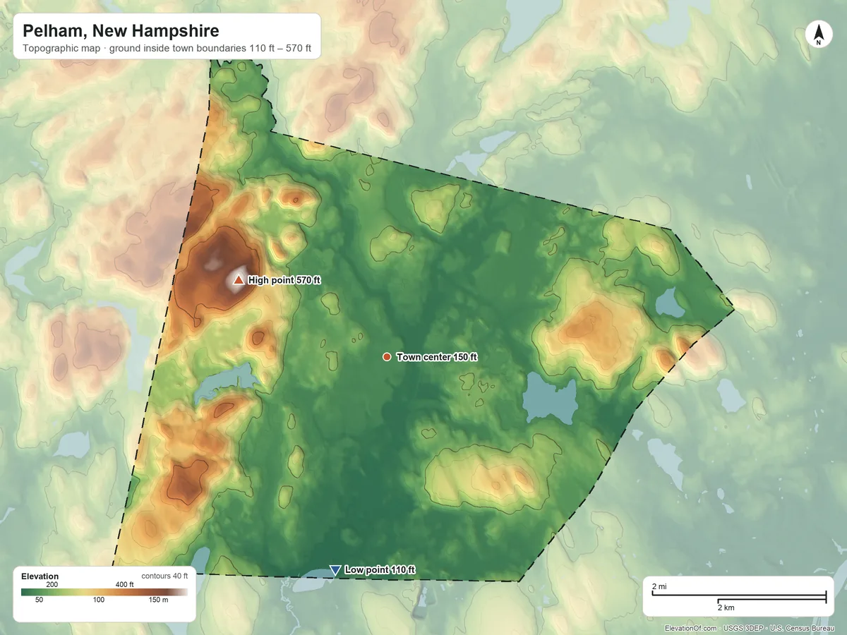 Topographic elevation map of Pelham, New Hampshire, shaded from 110 ft on the south side to 570 ft on Jeremy Hill