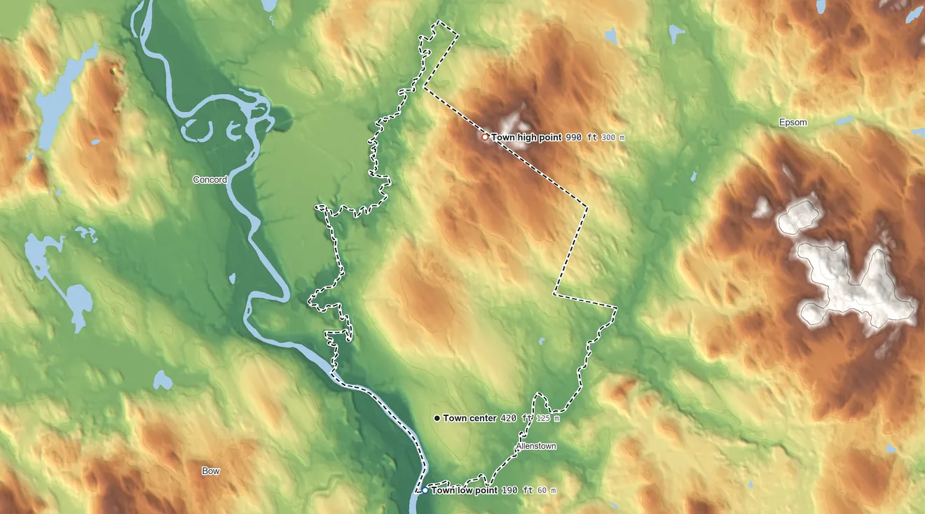 Topographic elevation map of Pembroke, New Hampshire, shaded from 190 ft on the south side to 990 ft on Plausawa Hill