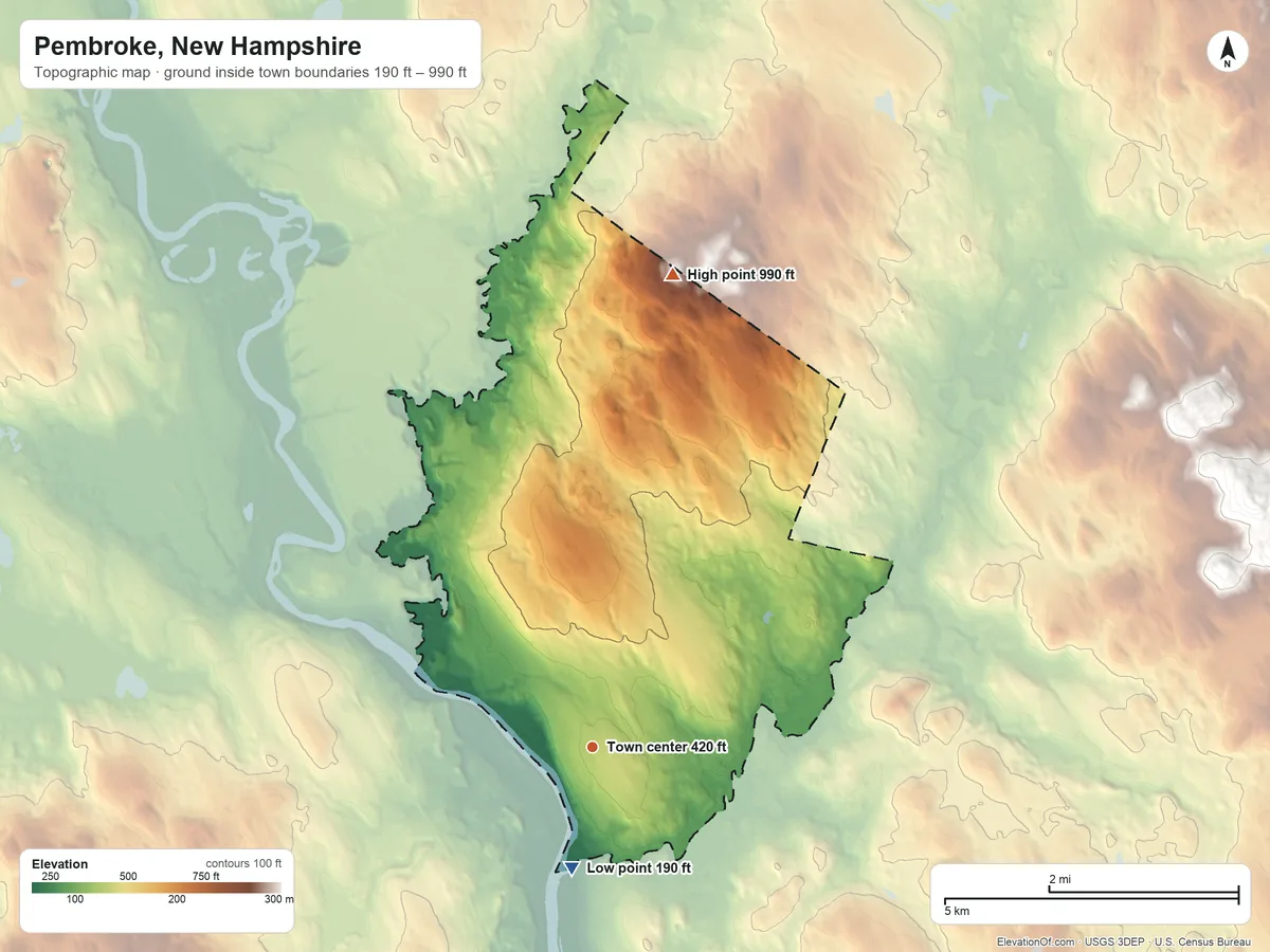 Topographic elevation map of Pembroke, New Hampshire, shaded from 190 ft on the south side to 990 ft on Plausawa Hill
