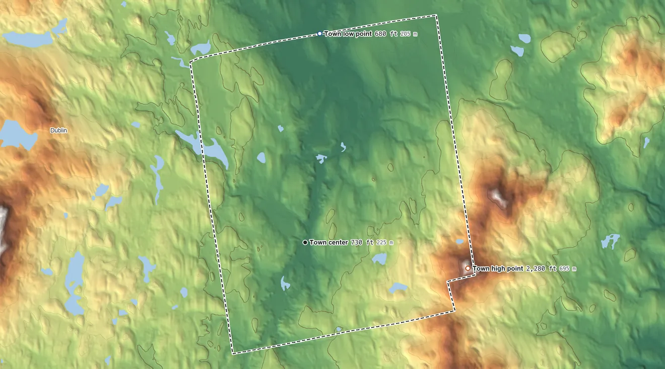 Topographic elevation map of Peterborough, New Hampshire, shaded from 680 ft on the north side to 2,280 ft on Pack Monadnock Mountain