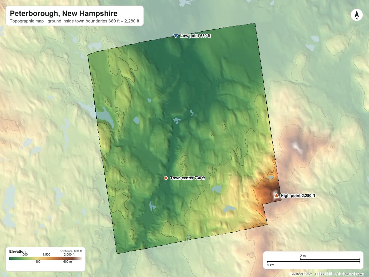 Topographic elevation map of Peterborough, New Hampshire, shaded from 680 ft on the north side to 2,280 ft on Pack Monadnock Mountain