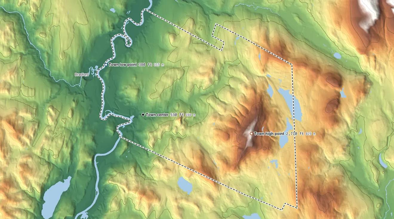 Topographic elevation map of Piermont, New Hampshire, shaded from 380 ft on the northwest side to 2,710 ft on Piermont Mountain