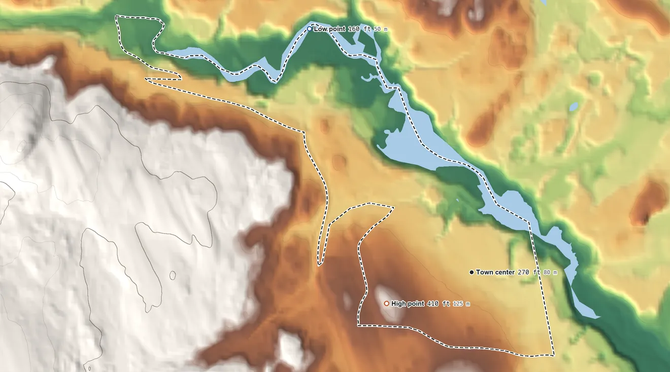 Topographic elevation map of Pinardville, New Hampshire, shaded from 160 ft on the northwest side to 410 ft on the west side