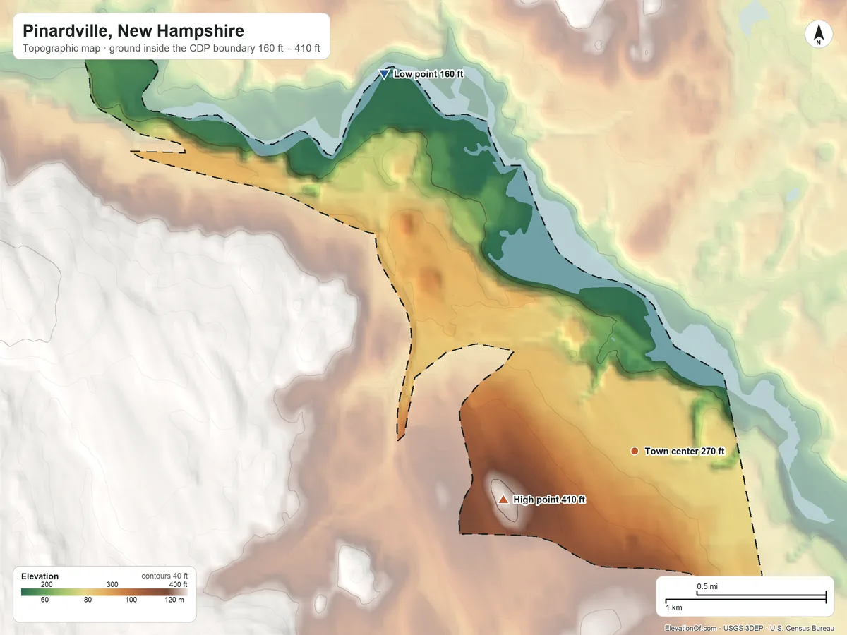 Topographic elevation map of Pinardville, New Hampshire, shaded from 160 ft on the northwest side to 410 ft on the west side